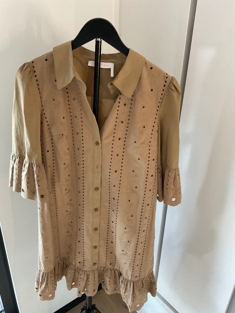 See By Chloe Logo -Embroidered Cotton Mini Dress Size 38 Brown